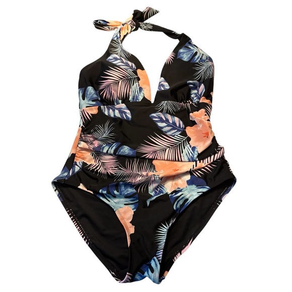 DKNY Floral Halter Neck Swimsuit in Black/Peach/Blue Size L — never worn - Picture 4 of 9